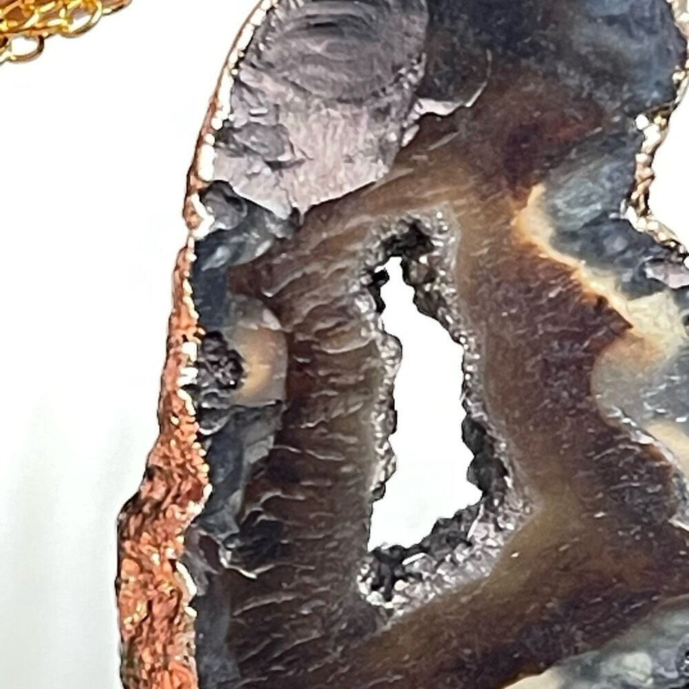Brown druzy agate crystal quartz geode slice pendant necklace golden wrap gold t - Picture 11 of 13